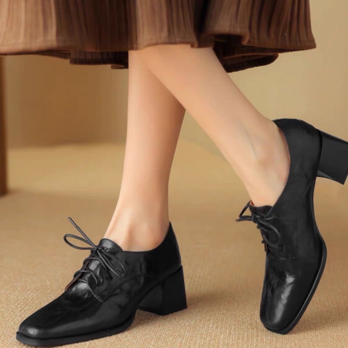 Oxford Lace Up Women - Damskie buty oxford z kwadratowym noskiem,