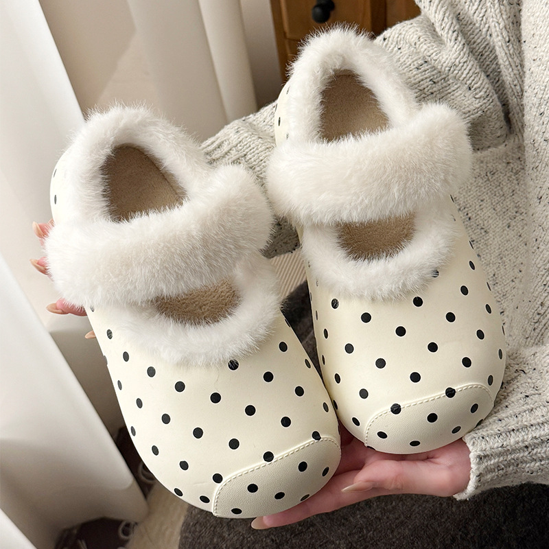 Women'S Shoes Clogs - Słodkie czarne klapki w kropki, pluszowe,